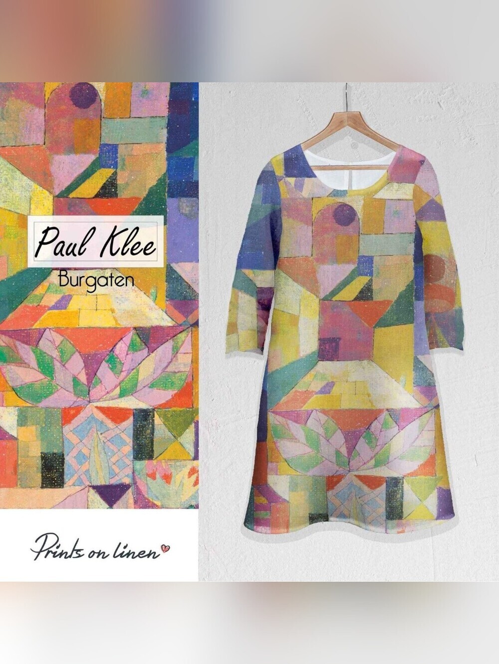 PRINTS ON LINEN Abstract Artsy Bohemian Paul Klee 3/4 sleeves Midi Dress Large